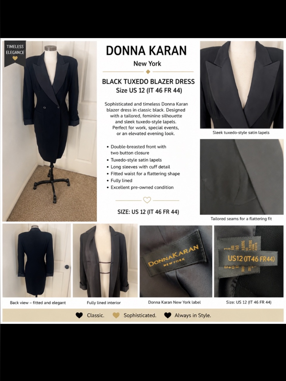 Donna Karan Black Tuxedo Blazer Dress with Satin Lapels